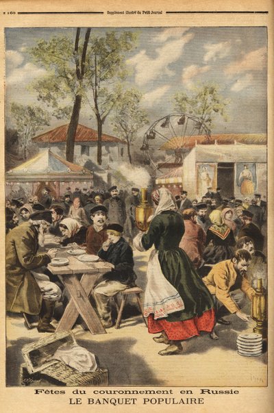 Anlässlich der Krönung von Zar Nikolaus II. wird auf dem Khodinskoie-Übungsfeld in Moskau ein Volksbankett für 500.000 Russen angeboten, dem Theateraufführungen vorausgehen. Gravur in „Le petit journal“ 17/05/1896. Sammlung Selva. von Unknown artist