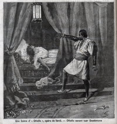 Othello hat gerade Desdemona in seinem Bett getötet. Szene aus der Oper „Othello“ von Giuseppe Verdi (1813-1901). Gravur in „Le Parisien“ von Unknown artist
