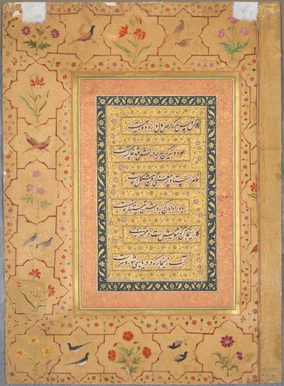 Seite aus dem späten Shah Jahan Album: Kalligraphie eingerahmt von einem ornamentalen Rand mit Mohnblumen und Vogelpaaren (verso) von Unknown artist