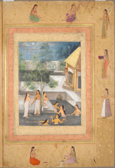 Seite aus dem späten Shah Jahan Album: Harem-Nachtbadeszene (recto) von Unknown artist