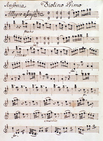 Seite der Partitur für die erste Violine der Sinfonie Nr. 4 in D, von Mozart (1765) von Unknown artist