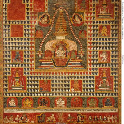 Gemaltes Banner (paubha) der Göttin Ushnishavijaya in einem Grabhügel (chaitya) und umgeben von Chaityas von Unknown artist