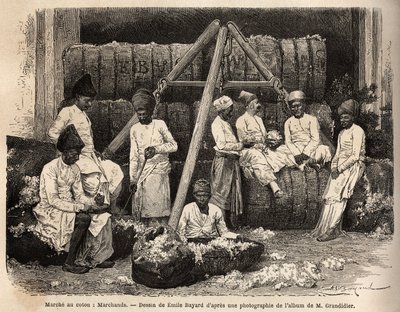 Parsi-Händler und Kaufleute auf dem Baumwollmarkt von Bombay. Gravur zur Illustration der Reise in die südlichen Provinzen Indiens, von Alfred Grandidier, 1862-1864, veröffentlicht in „Le tour du monde“ 1869, herausgegeben von Edouard Charton, Hachette, Pa von Unknown artist