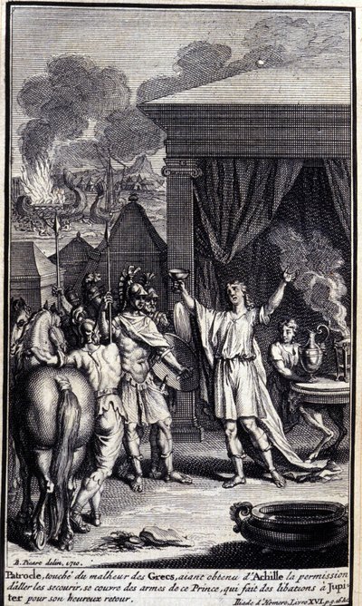 Patroklos, berührt vom Unglück der Griechen, erhält die Erlaubnis von Achilles, sie zu retten, und bedeckt sich mit den Waffen dieses Prinzen, der Jupiter für seine glückliche Rückkehr Libationen darbringt. Illustration aus Buch XVI der Ilias von Unknown artist