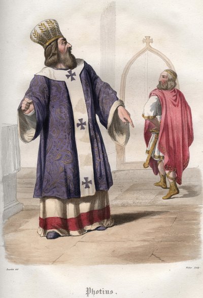 Photios I. (Photius, Fotios) (810-893), Patriarch von Konstantinopel, vertreibt den byzantinischen Kaiser Basileios I. den Makedonier (813-886) aus der Kirche nach dem Mord an Kaiser Michael III. im Jahr 867. von Unknown artist