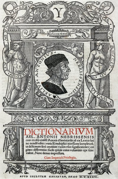 Porträt von Antonio Martinez de Cala genannt Antonio de Nebrija (1441-1522) spanischer Humanist und Grammatiker. Schutzseite seines Wörterbuchs, veröffentlicht 1536. Nationalbibliothek von Madrid. von Unknown artist