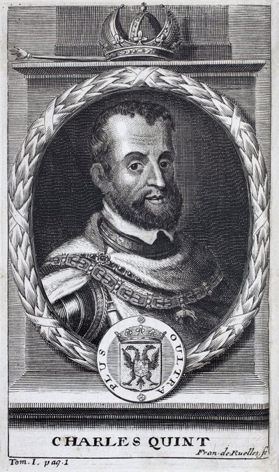 Porträt von Karl V. (1500-1558), König von Spanien und Spanisch-Amerika, König von Sizilien und Kaiser des Heiligen Römischen Reiches Deutscher Nation (1519-1556). Gravur zur Illustration der 