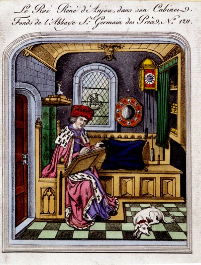 Porträt von König René von Anjou (1409-1480), auch René I. von Neapel oder René von Sizilien genannt, in seinem Kabinett - Gravur nach einer Miniatur von Unknown artist