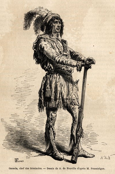 Porträt von Osceola (1804-1838), Anführer der Seminolen, an der Spitze des indianischen Widerstands gegen die Vereinigten Staaten während des Florida-Krieges (1835-1842). Gravur zur Illustration der Geschichte vier Monate in Florida, von Achille Pousselgue von Unknown artist