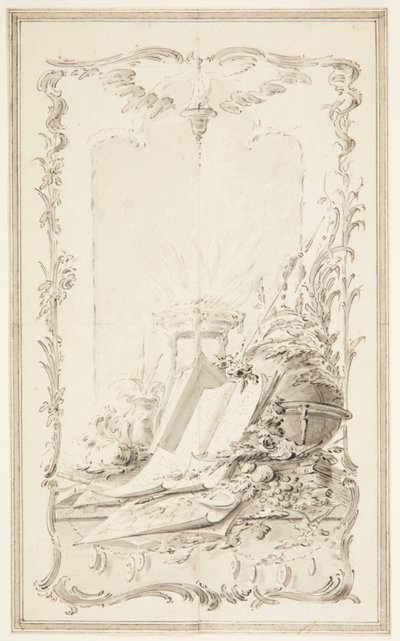 Projekt für Buchillustration; ein Panel mit Attributen der Wissenschaften und eines Helden von Unknown artist