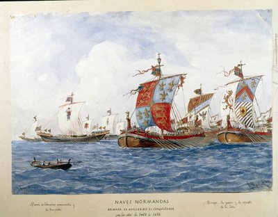 Darstellung der Flotte von Wilhelm dem Eroberer im 11. Jahrhundert, Kriegsschiffe, Handelsschiffe, Passagierschiffe von Unknown artist