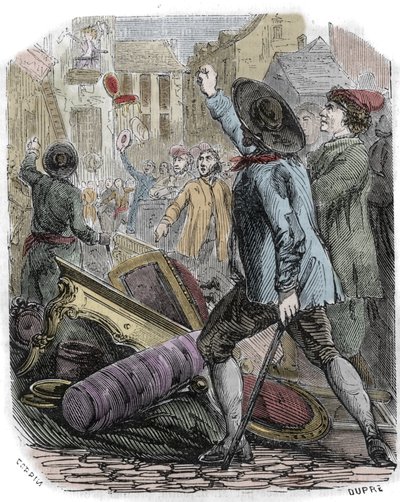 Reveillon-Unruhen zwischen dem 26. und 29. April 1789 - Französische Revolution: Reveillon-Affäre - „Plünderung der Tapetenfabrik von Jean Baptiste de Reveillon am 28. April 1789“ von Unknown artist