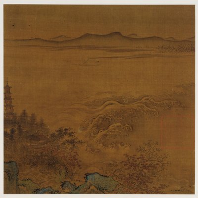 Flusslandschaft: eine Pagode, schäumende Stromschnellen, ferne Hügel von Unknown artist