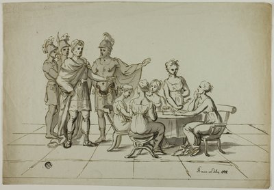 Römischer Kaiser nähert sich einer Gruppe von Frauen, die am Tisch sitzen von Unknown artist