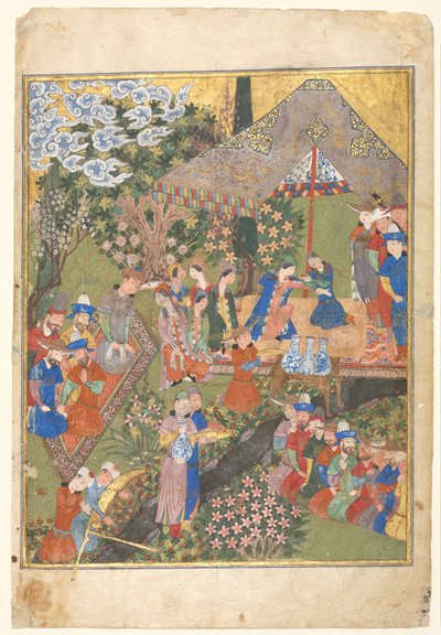 Königlicher Empfang in einer Landschaft, rechtes Folio aus einem doppelseitigen Frontispiz eines Shahnama (Buch der Könige) von Firdausi von Unknown artist