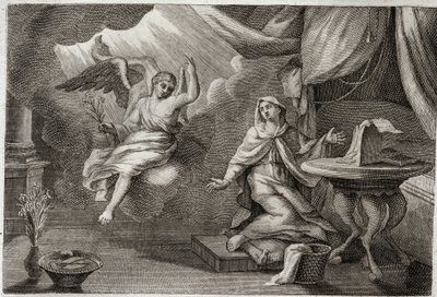 Royaumont-Bibel, Neues Testament: Verkündigung an die Jungfrau. Erzengel Gabriel ist gekommen, um Maria eine Botschaft zu überbringen. Illustration von 1811. von Unknown artist