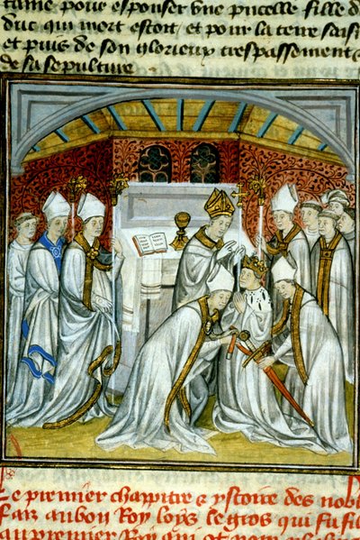 Krönung von Ludwig VI. (1108) - Illumination eines Manuskripts auf Pergament aus dem Mittelalter, „Große Chroniken von Saint-Denis“, Ende des 14. Jahrhunderts von Unknown artist