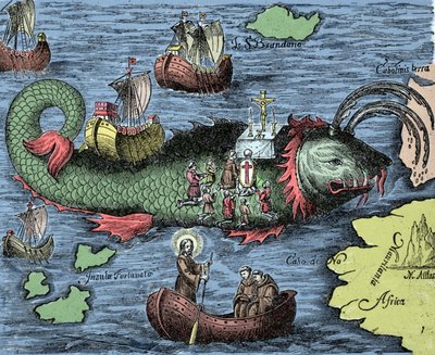 Der heilige Brendan (Brandan), Held und irischer Heiliger des 6. Jahrhunderts, feiert die Messe auf dem Rücken des Riesenwals Jasconius. Die Legende besagt, dass sein Boot auf dem Rücken eines Wals getragen wurde. Farbige Gravur aus „Nova Tipus Transacto N von Unknown artist