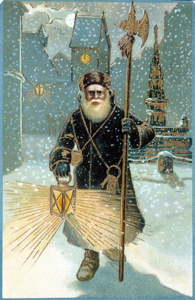 Weihnachtsmann in der Nacht mit Laterne. Postkarte aus dem 19. Jahrhundert. von Unknown artist