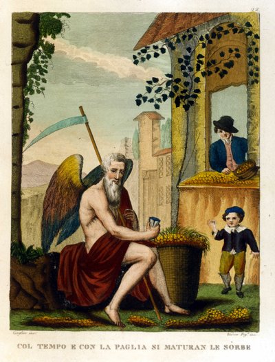 Sprichwörter: „Mit Zeit und Stroh reifen die Mispeln und Eicheln“ (Zeit macht alles reif), Illustration aus einer Sammlung von Sprichwörtern. 19. Jahrhundert von Unknown artist