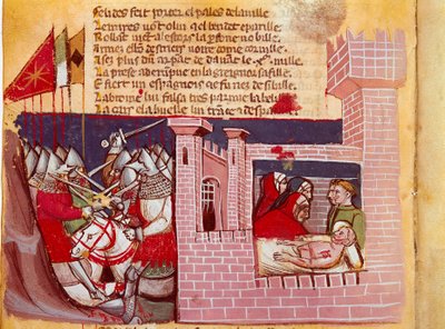 Szene der Schlacht von Roncesvalles im Jahr 778. Schlacht zwischen der Armee Karls des Großen und den Sarazenen, bei der der Ritter Roland getötet wurde. Er ist rechts dargestellt. Miniatur aus dem Kodex „Die Entrée d