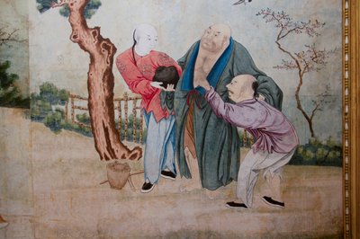 Szenen aus dem Alltagsleben in China, Detail der chinesischen Tapete, chinesisches Kabinett, Jagdresidenz, von Filippo Juvarra (1678-1736), Stupinigi, Piemont, Italien von Unknown artist