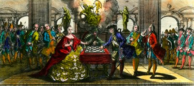 Siebenjähriger Krieg: Allegorie, die Maria Theresia von Österreich (1717-1780) und Friedrich von Preußen (1712-1786) beim Schachspielen darstellt. Gravur des 18. Jahrhunderts, Privatbesitz von Unknown artist