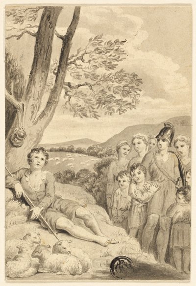 Hirtenjunge mit Herde, beobachtet von Krieger, Frauen und Kindern von Unknown artist
