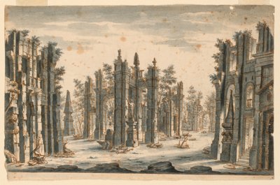 Bühnenbild, Gruppe von Ruinen mit Obelisken von Unknown artist
