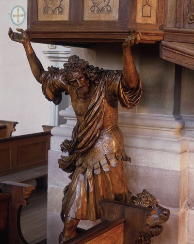 Statue von Samson unter der Kanzel der Abteikirche von Ebersmunster, Elsass. von Unknown artist
