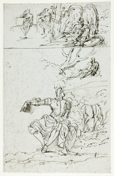 Studienblatt mit sitzendem Ritter (recto); Stehende männliche Figur in mittelalterlicher Kleidung (verso) von Unknown artist