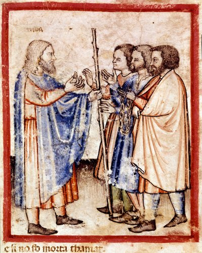 Tamar präsentiert Juda das Siegel, die Schnur und den Stab, die er als Sicherheit hinterlassen hatte. Miniatur aus Codex 212 (oder Padovano Codice oder Bibel von Padua) 1390-1400 von Unknown artist