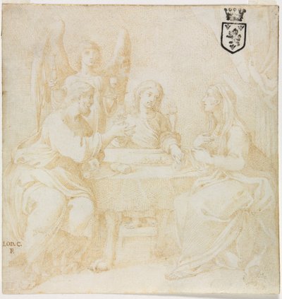 Die Heilige Familie am Tisch von einem Engel bedient von Unknown artist
