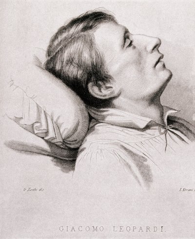 Der italienische Dichter Giacomo Leopardi (1798-1837) auf seinem Sterbebett. Gravur des 19. Jahrhunderts von Unknown artist