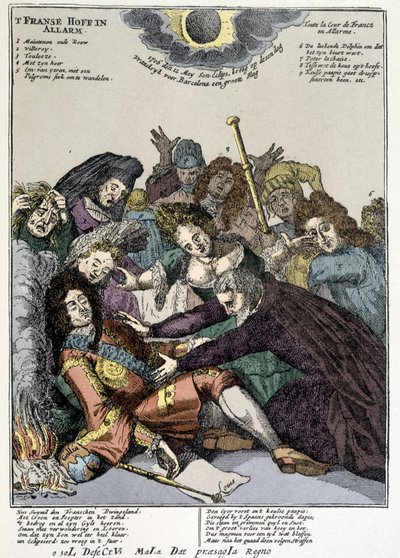 Der König fiel in Ohnmacht und die Höflinge umringen ihn, trauern: Spott über die Revers von Ludwig XIV. in den Niederlanden und Italien im Jahr 1706 von Unknown artist