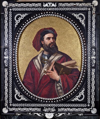 Der venezianische Entdecker Marco Polo hält unter seinem Arm das Werk 