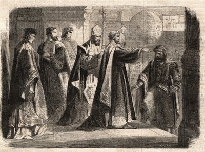 Der Erzbischof Saint Ambrose von Mailand (Aurelius Ambrosius, Ambrogio di Milano (340-397) verbot dem römischen Kaiser Theodosius I. (Flavius Theodosius) (347-395) den Eintritt in die Kirche, um ihn für das Massaker von Thessaloniki im Jahr 390 zu bestrafe von Unknown artist