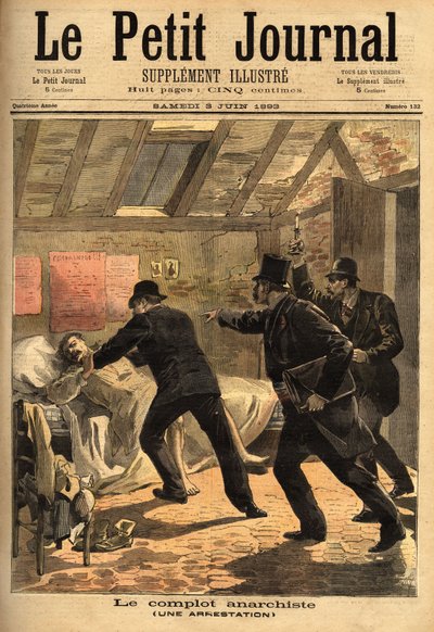 Die Verhaftung eines Anarchisten in Paris und das Element einer Verschwörung und Dynamitverstecke. Gravur in „Le petit journal“ 3/06/1893. Selva Sammlung. von Unknown artist