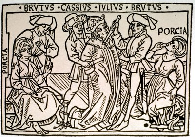 Die Ermordung von Julius Caesar (100-44 v. Chr.): Er wird von Brutus und Cassius erstochen, während Porcia, die Frau von Brutus, verschwindet. Xylographie des 16. Jahrhunderts Rom, Biblioteca Vallicelliana von Unknown artist