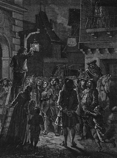Die Bürger von Paris betrachten die ersten Kerzenlampen. In „Album de la Science“, Éditions Jouvet von Unknown artist