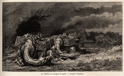 Die Kamelkarawane in einem Sandsturm namens Tebbad. Zeichnung von Emile Bayard (1837-1891), zur Illustration der Reise nach Zentralasien, 1863, von Arminius Vambery (ungarischer Wissenschaftler verkleidet als Derwisch). Gravur in „Le tour du monde“, heraus von Unknown artist