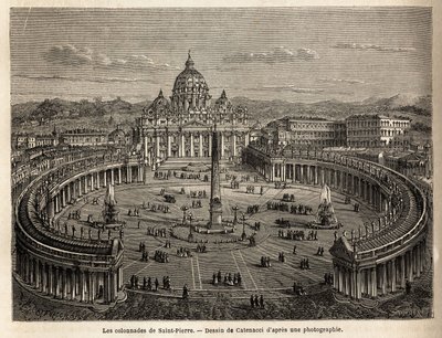 Die Kolonnaden des Petersdoms im Vatikan, von Bernini (1598-1680) im Jahr 1655 auf einem elliptischen Plan errichtet, der zu einem Gemeinplatz der barocken und Rokoko-Architektur wurde. Illustration der Reise nach Rom, von Francis Wey, 1864-1868, veröffent von Unknown artist
