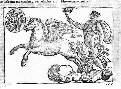 Die Morgenröte (der Sonnenwagen). Allegorie des Sonnenaufgangs mit Figuren der griechischen und römischen Mythologie am Himmel. Gravur aus „Mythologiae sive explicationes fabularum“ von Natalis Comitis. 1637 von Unknown artist