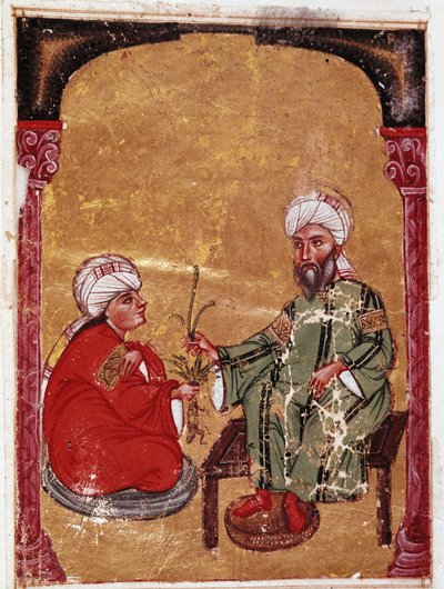 Der Arzt und Botaniker Pedanius Dioscorides (40-90 n. Chr.) sitzt mit einem seiner Schüler. Miniatur aus seinem Traktat „De materia medica“ (ms Ahmed III, 2147, Folio 217a) 1229. Topkapi Sarayi Museum Bibliothek, Istanbul von Unknown artist