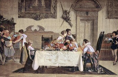 Der erstgeborene männliche Nachkomme, die Hebamme zeigt den neugeborenen Sohn den anderen Familienmitgliedern von Unknown artist