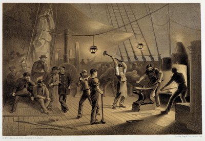 Die Schmiede an Deck. Nacht des 9. August, Vorbereitung der Eisenplatten für den Spill - in "Das Atlantische Telegraphenkabel" von W. H. Russel, ca. 1860 von Unknown artist