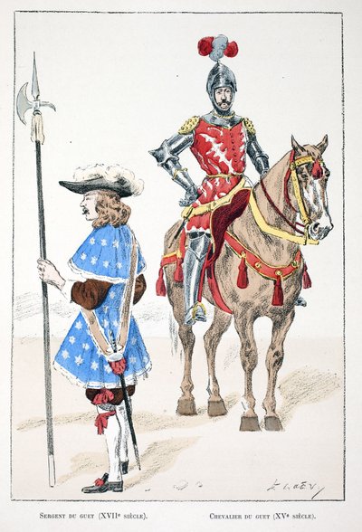 Der Wachsergeant im 17. Jahrhundert und der Ritter im 15. Jahrhundert. Farbradierung zur Illustration „Histoire du corps des gardiens de la paix“, Buch veröffentlicht unter der Schirmherrschaft von Louis Lepine (1846-1933), Polizeipräfekt der Seine. von Unknown artist
