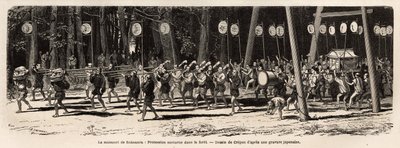 Das Matsouri (Jahrmarkt, Prozession) des Roksamia, Kami-Tempel in der Nähe von Yedo (oder Edo, dem heutigen Tokio), am 5. Tag des 5. Monats des Jahres, die Menge versammelt sich, um Heilkräuter im Wald zu sammeln und am Abend organisieren die Priester ein von Unknown artist