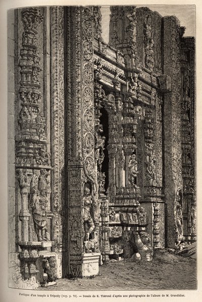 Das geschnitzte Portal eines Tempels in Tripetty (oder Tirupati, in Andhra Pradesh), ein wichtiger Ort der hinduistischen Pilgerfahrt. Gravur zur Illustration der Reise in die südlichen Provinzen Indiens, von Alfred Grandidier, veröffentlicht in „Le tour d von Unknown artist