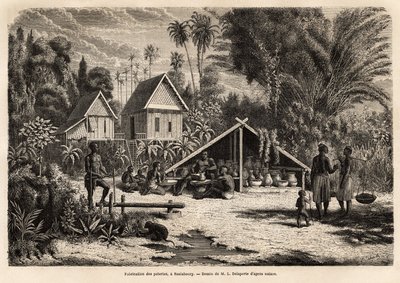 Die Herstellung von Töpferwaren in Saniaboury (Laos). Gravur zur Illustration der Entdeckungsreise in Indochina, von Francis Garnier, Leutnant de Vaissseau, 1866-1868, veröffentlicht in „Le tour du monde“ 1870-1871, herausgegeben von Edouard Charton, Ausga von Unknown artist